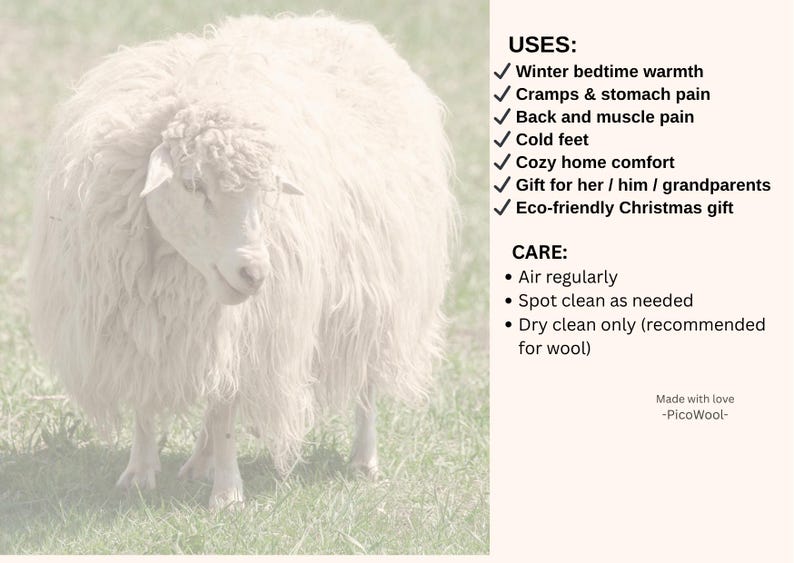 May include: A fluffy, cream-colored sheep stands in a grassy field. The image includes text listing uses such as winter warmth and cozy comfort, and care instructions. The product is made with PicoWool.