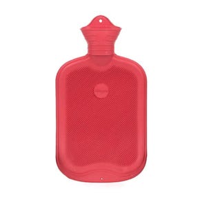 May include: A red hot water bottle with a ribbed surface and a screw-on stopper. The bottle has a small loop for hanging and a circular logo in the center. The product is designed for therapeutic use.