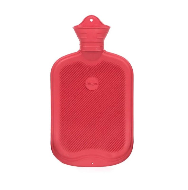 May include: A red hot water bottle with a ribbed surface and a screw-on stopper. The bottle has a small loop for hanging and a circular logo in the center. The product is designed for therapeutic use.