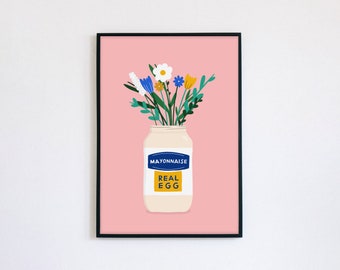 Mayonnaise Jar Print, Flowers Print, Plant Wall Art, Mayo Illustration, Kitchen, Unframed A3 A4 A5 Wall Art by Amelia Ellwood