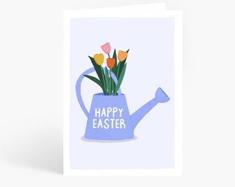 Happy Easter Tulip Card, Cute Easter Card, Tulips Illustration, Watering Can, A6 Card by Amelia Ellwood