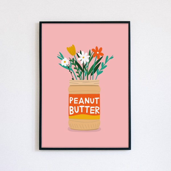 Peanut Butter Jar Print, Flowers Print, Plant Wall Art, Peanut Butter Illustration, Kitchen, Unframed A3 A4 A5 Wall Art by Amelia Ellwood