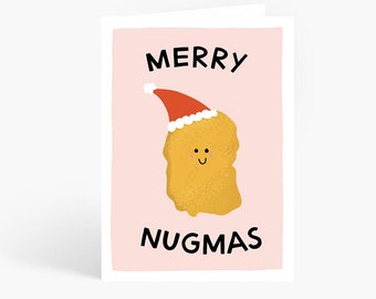 Merry Nugmas, Chicken Nugget Illustration, Funny Christmas Card, Cute Holidays Card, Funny Christmas Pun,Food Pun, A6 Card by Amelia Ellwood