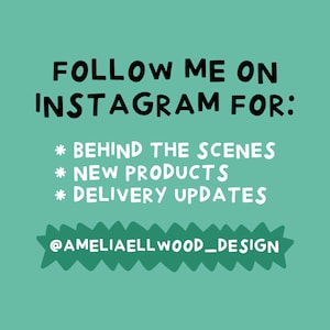 May include: A teal green background with white text that says "FOLLOW ME ON INSTAGRAM FOR:" followed by three bullet points: "* BEHIND THE SCENES", "* NEW PRODUCTS", and "* DELIVERY UPDATES". Below the bullet points is a teal green starburst shape with the text "@AMELIAELLWOOD_DESIGN" in white.