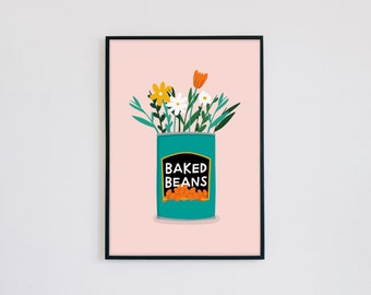 Baked Beans Print, Flowers Print, Plant Wall Art, Baked Beans Illustration, Kitchen, Unframed A3 A4 A5 Wall Art by Amelia Ellwood