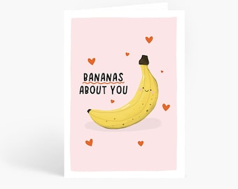 Bananas About You Valentijnsdagkaart, grappige verjaardagskaart, banaan woordspeling, A6-kaart van Amelia Ellwood