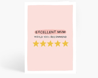 5 Star Mum, Excellent Mum, Funny Mum Card, Mum Review, Mum, Best Mum, Funny Card, A6 Card by Amelia Ellwood