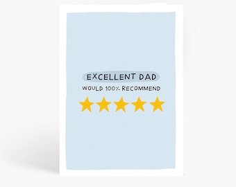5 Star Dad, Funny Father's Day Card, Excellent Dad 5 Star Review Would Recommend, No 1 Dad, Dad Birthday Card, A6 Card, by Amelia Ellwood