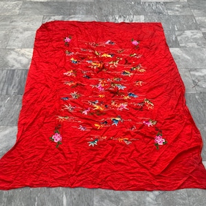 Vintage Chinese Tablecloth Silk Kitchen Dinning Table Cover Hand Embroidered Floral Tablecloth Qing Dynasty Wall Hanging 182x137 cm