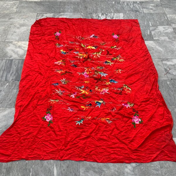 Vintage Chinese Tablecloth Silk Kitchen Dinning Table Cover Hand Embroidered Floral Tablecloth Qing Dynasty Wall Hanging 182x137 cm
