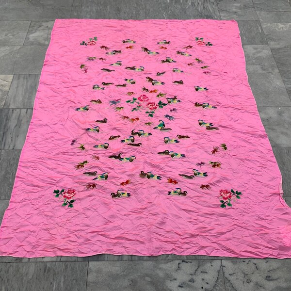 Vintage Chinese Embroidered Silk Tablecloth, Floral Wall Hanging