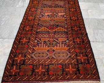 Vintage Handmade Afghan Kilim Rug - 4x7 ft, Geometric Pictorial Area Rug
