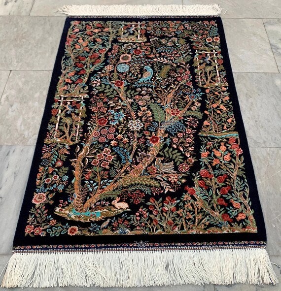 花柄シルクラグ:伝統的なペルシャ絵画ラグ(88 x 58 cm 花柄シルクラグ:伝統的なペルシャ絵画ラグ(88 x 58 cm