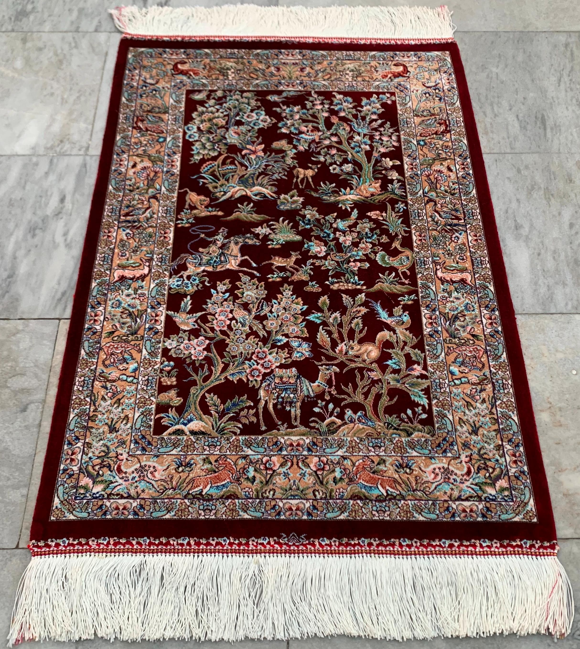 シルクラグ 花柄 ペルシャ絨毯 約70×55cm ペルシャ絨毯 花柄 ラグ カーペット 洗える 3畳 2畳 1畳 ペルシャ