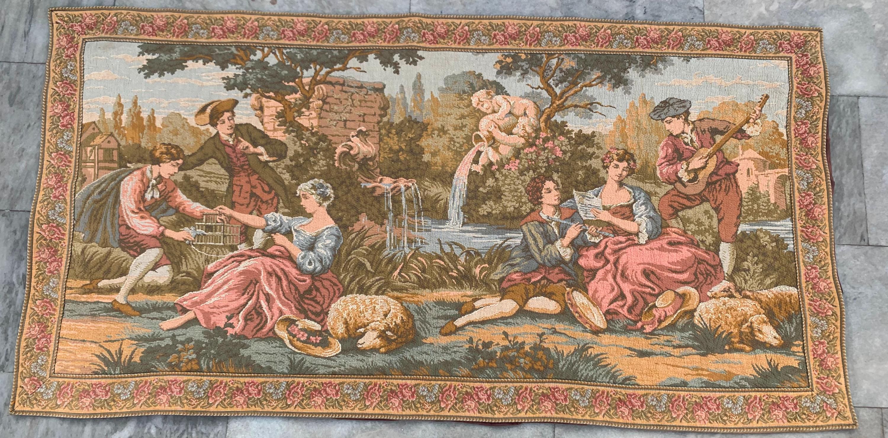 French Rococo Tapestry: Vintage Jacquard Woven Wall Hanging