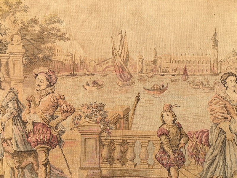 アンティークフランスタペストリー：絵画的風景、中世の装飾（85 x 48