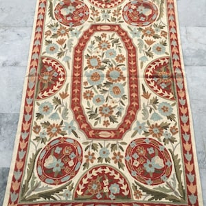 Area Bedroom Rug Handmade Rug French Style Aubusson Rug Vintage Rug Needlepoint Rug Wool Kilim Rug Floral Design Oriental Rug, 147 x 90 cm