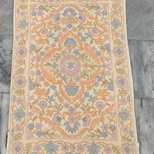 2x3 Vintage French Rug, Handmade Aubusson Rug, Needle Point Rug, Mini Rug, Bedroom Rug, Oriental Rug, Wool Kilim Rug, Floor Rug 85x56 cm