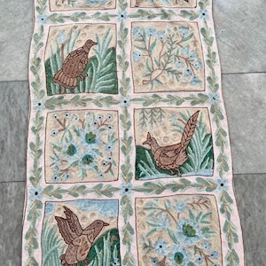 Aubusson Pictorial Rug Wall Hanging Rug Vintage Area Rug Handmade Rug French Style Needlepoint Rug Wool Kilim Rug Floral Rug, 109 x 54 cm