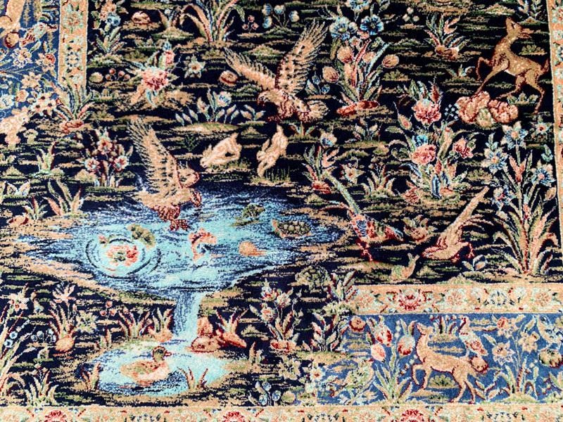 花柄シルクペルシャ絨毯：伝統的な絵画模様の絨毯（90 x 58 cm
