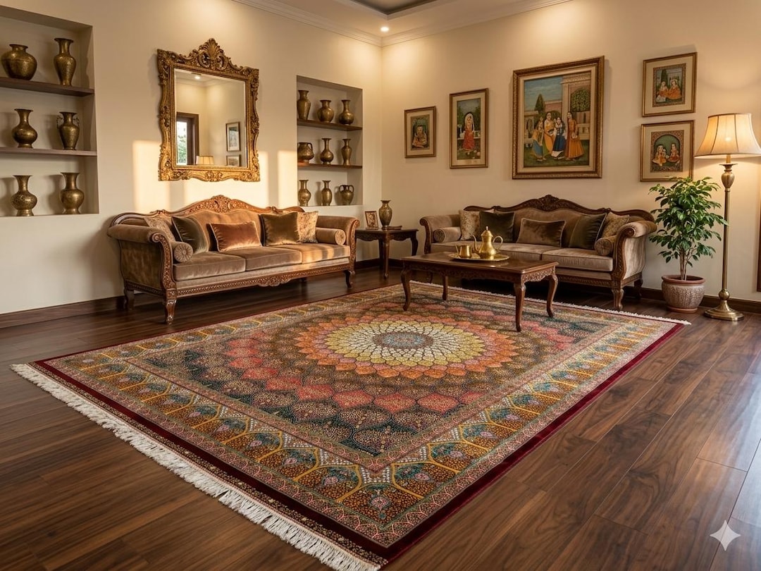 Extra Large Silk Turkish Style Rug: Blossoming Medallion Silky Bedroom ...