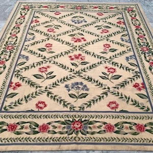 7x10 Vintage French Handmade Aubusson Rug, Needle Point Rug, Floral Rug, Bedroom Rug, Oriental Rug, Wool Kilim Rug, FREE SHIPPING 290x223 cm