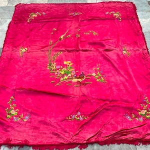 Vintage Chinese Tablecloth Silk Kitchen Dinning Table Cover Embroidered Floral Home Living Tablecloth Qing Dynasty Bedspread 206 x 160 cm