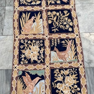 Aubusson Pictorial Rug Wall Hanging Rug Vintage Area Rug Handmade Rug French Style Needlepoint Rug Wool Kilim Rug Floral Rug, 103 x 56 cm