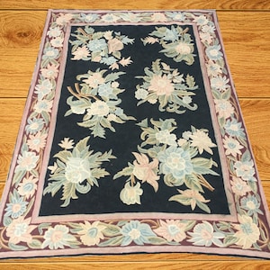 Vintage chain stich Aubusson Style Hand Knotted Wool Rug with black Floral Design kilim free shipping 170 cm x 118 cm