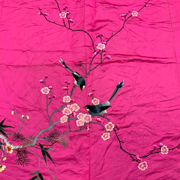 Vintage Chinese Silk Tablecloth: Hand Embroidered Floral Wall Hanging (4x6 ft)