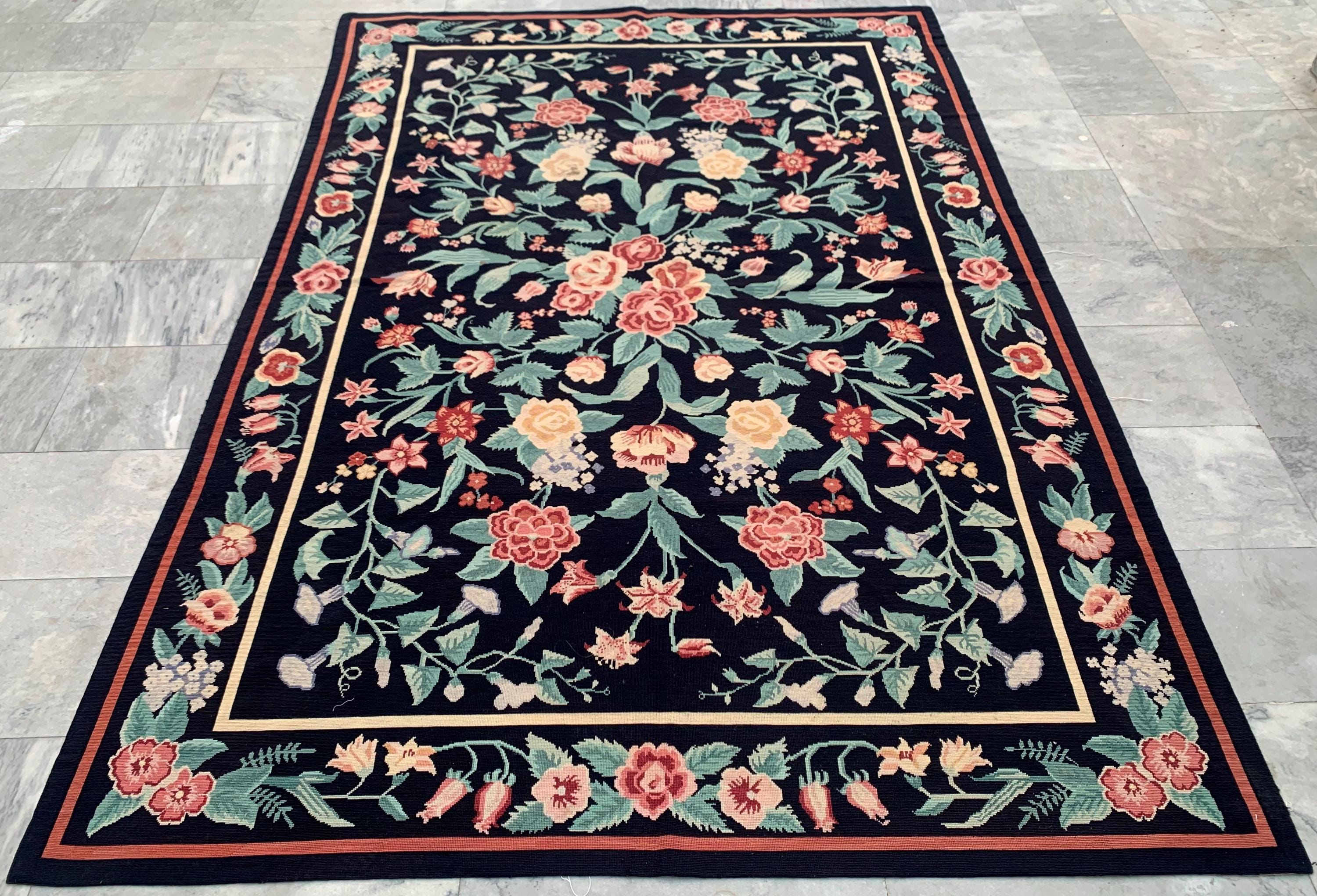 6x9 Vintage Floral Aubusson Rug, Handmade Wool Needlepoint - Etsy