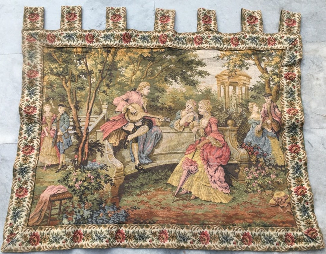 ヴィンテージ フレンチ タペストリー、中世の花柄壁掛け (85 x 67 cm