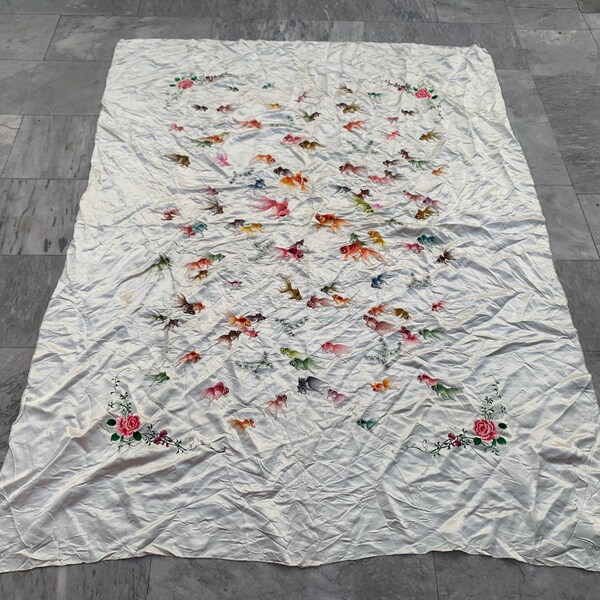 Vintage Chinese Silk Tablecloth: Hand Embroidered Floral Qing Dynasty Textile