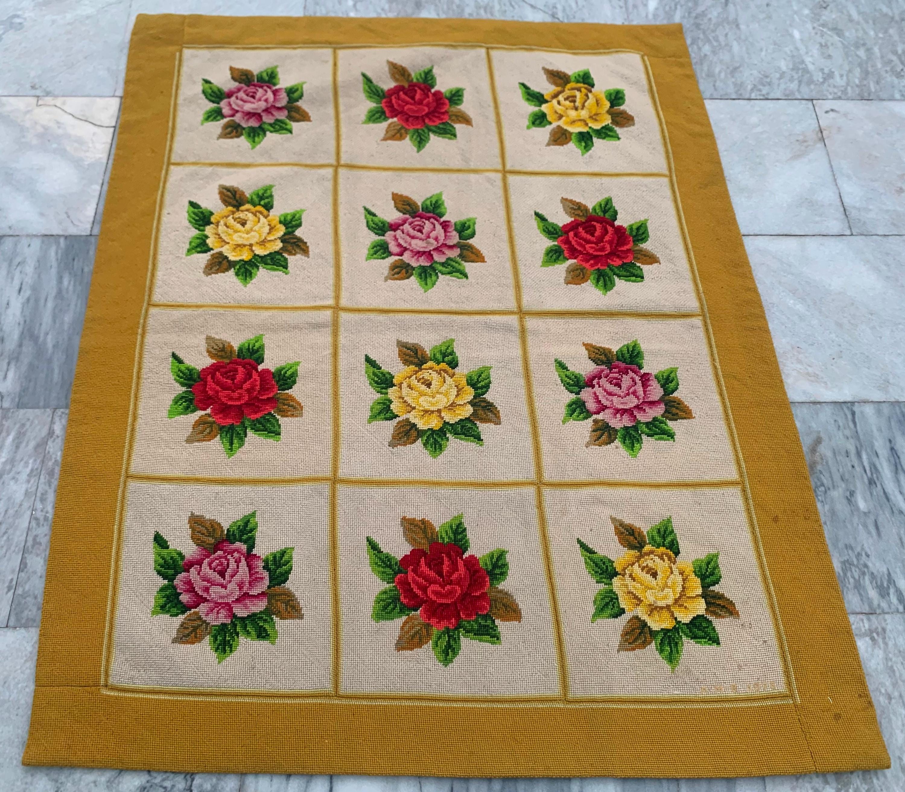 ヴィンテージ オービュッソン ニードルポイント ラグ：3x4 フランス