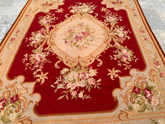 Vintage French Aubusson Rug, 7x9 Floral Needlepoint Wool Rug