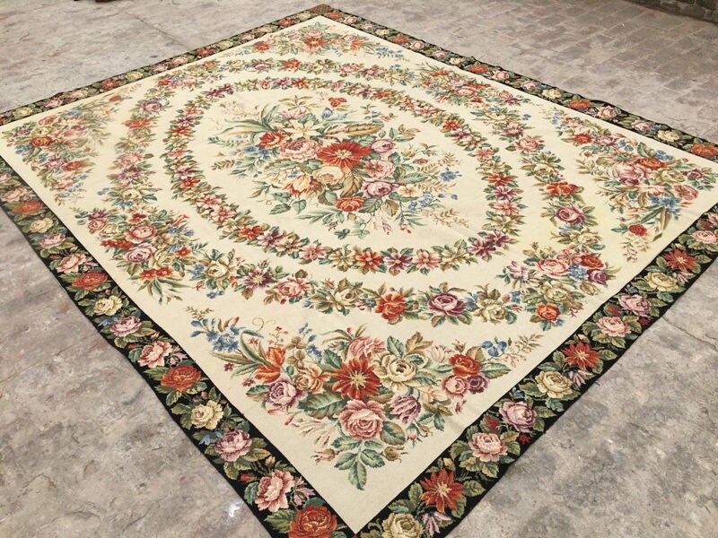 8x9 Aubusson Rug Hand Knotted Rug Needlepoint Wool Rug Floral Etsy
