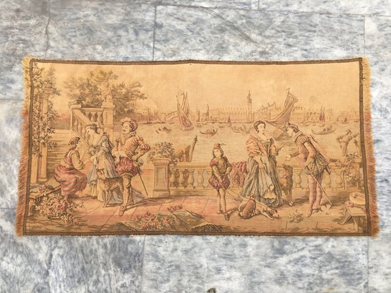 アンティークフランスタペストリー：絵画的風景、中世の装飾（85 x 48