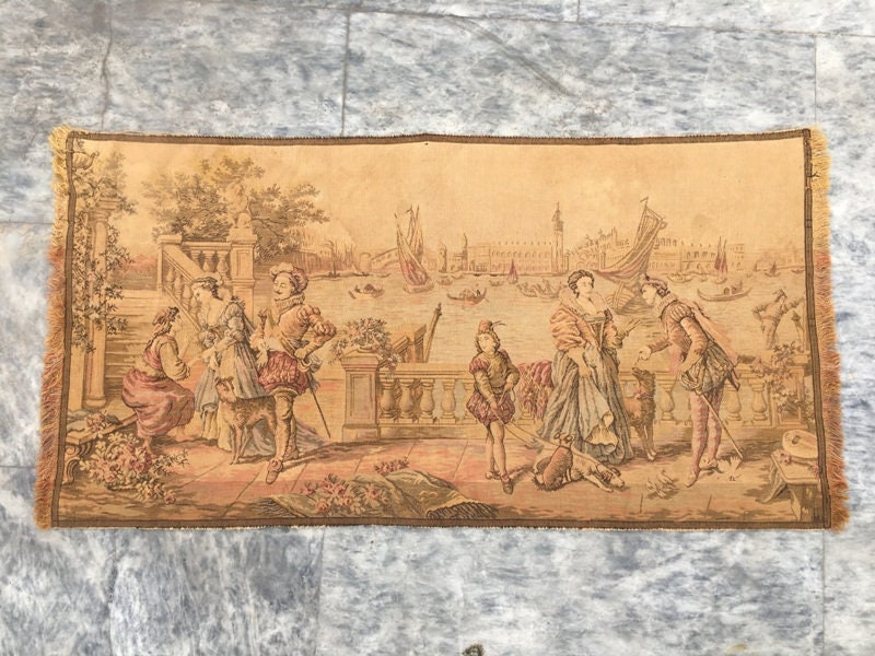 アンティークフランスタペストリー：絵画的風景、中世の装飾（85 x 48
