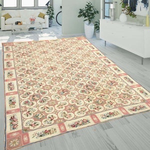 10x17 Vintage French Style Aubusson Rug Handmade Rug Bedroom rug Needlepoint Rug Wool Kilim Rug Floral Design rug Hallway Rug 510 x 301 cm