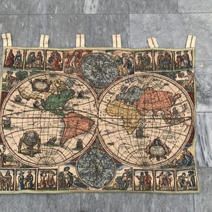 Französischer 3X4 Wandteppich, Vintage Wandteppich, Wandbehang mit Weltkarte, Wandbehang, Weltkarte, Wanddeko, 110 x 80 cm