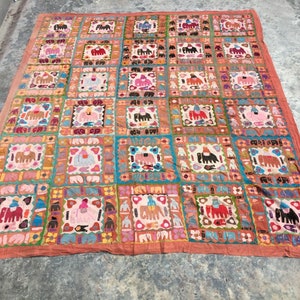 Vintage Hand Embroidered Bedspread 9x7 ft, Patchwork Quilt