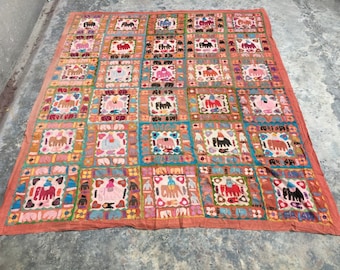 Copriletto vintage ricamato a mano 9 x 7 piedi, trapunta patchwork