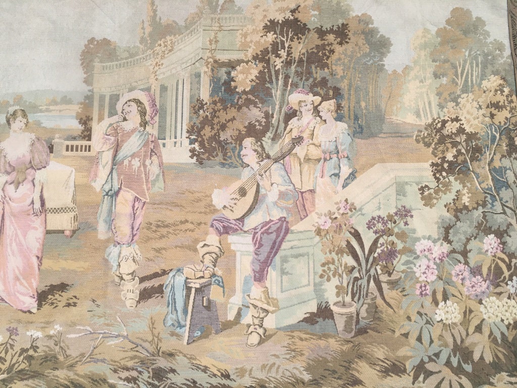 ヴィンテージ フランス タペストリー、中世絵画風壁掛け (195 x 105 cm
