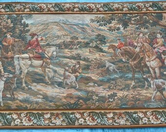Vintage Frans tapijt, jachttafereel met bloemen, wanddecoratie (202 x 110 cm)