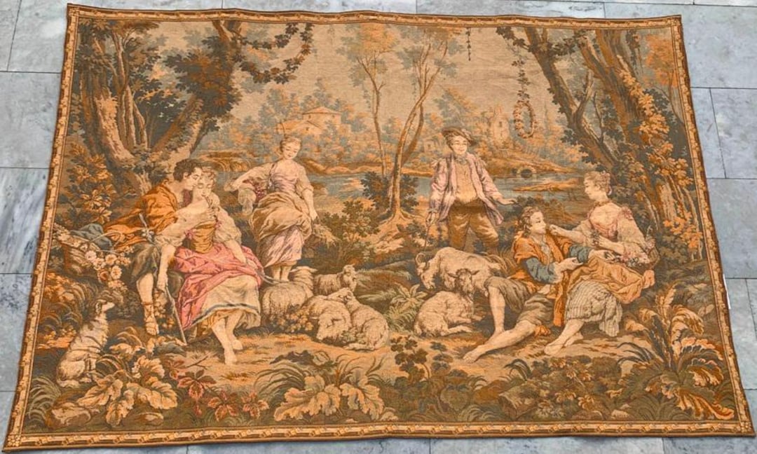 Vintage French Medieval Tapestry Décor Floral Pictorial Wall