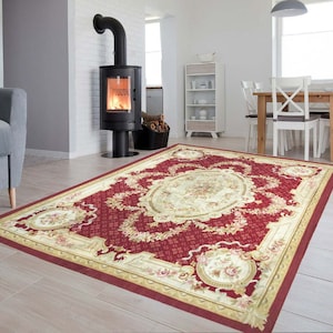Handmade Rug French Aubusson Rug Vintage Rug Bedroom Red Rug Needlepoint Rug Wool Kilim Rug Floral Design Rug Oriental Rug, 316 x 242 cm