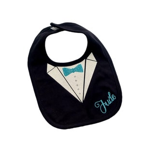 Luxury personalised tuxedo suit bib. Wedding favour. Christening. Bow tie.