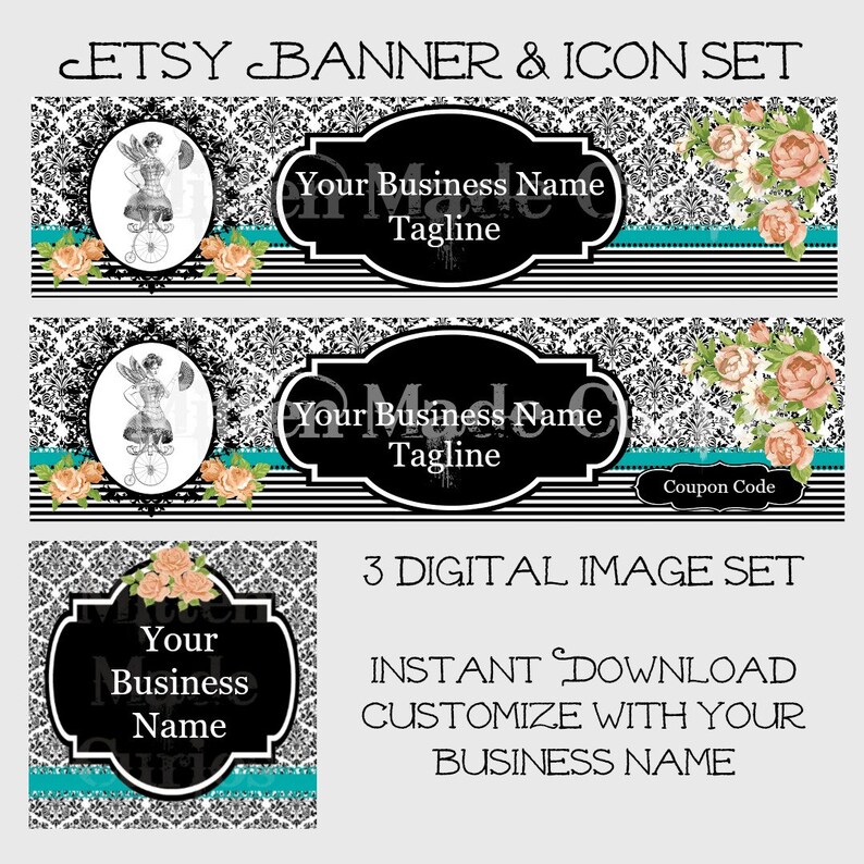 Etsy Banner /& Icon Template INSTANT DOWNLOAD Editable DIY premade business branding set Victorian Steampunk teal black