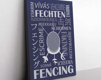 Impression sur toile d’escrime - langues mondiales de l’escrime. Art mural à domicile ou en club pour les escrimeurs et les entraîneurs. Grand cadeau d’escrime.