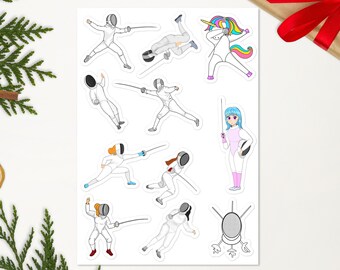 Fencing stickers - cartoon illustrations stickers sheet for fencers: kids and adults. Perfect for fencing club